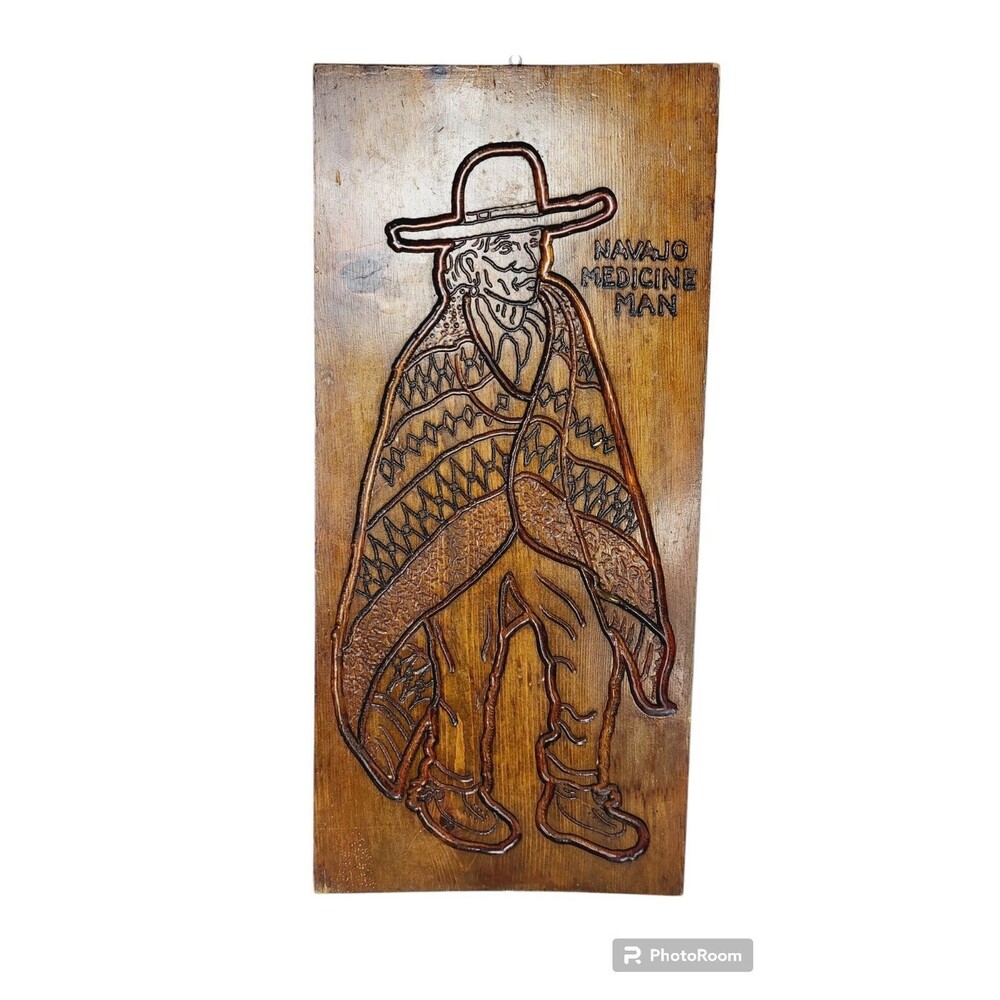 VTG Native American Folk Art Dual-Sided Pyrography Wood Burning Wall Art